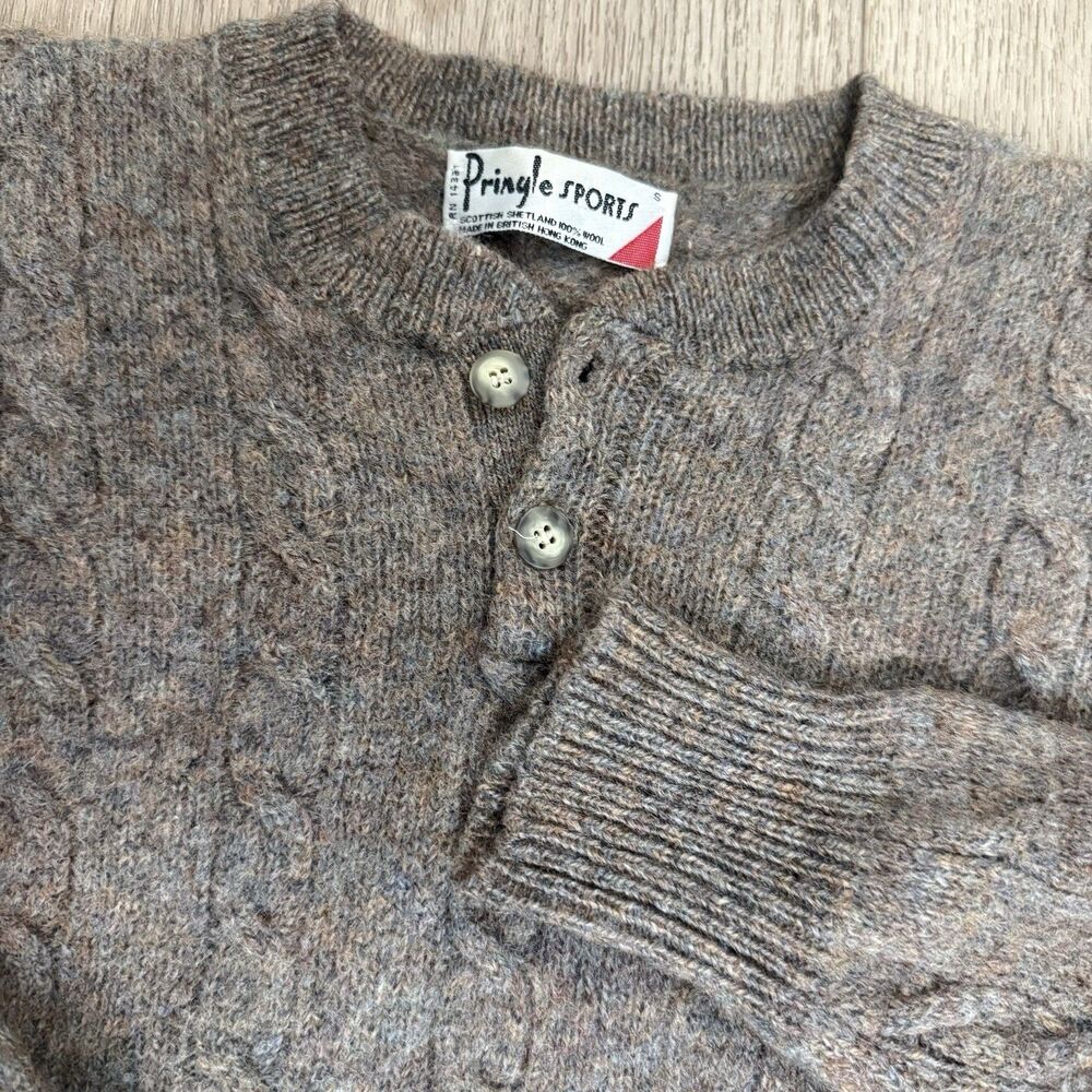 VTG Pringle Sports Shetland Wool Henley Sweater Mens Cable Knit Brown